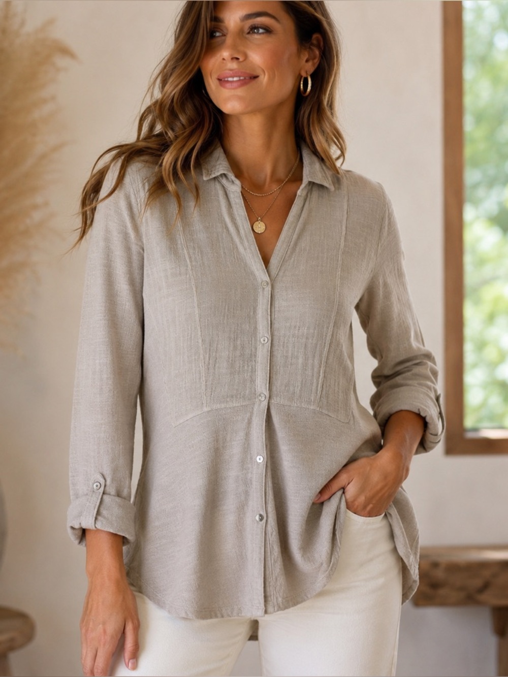 Lucky Brand Boho Peplum Button Front Top Women XS Beige Gauze Coastal NEW